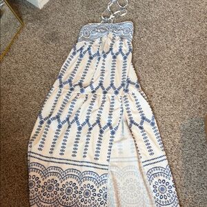 Blue and White Halter Maxi Dress